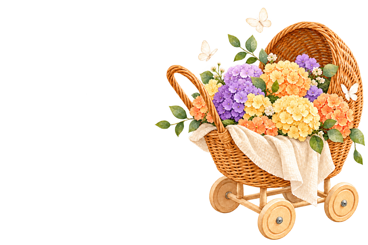 A wicker stroller filled with lavender, purple, yellow and orange hydrangeas