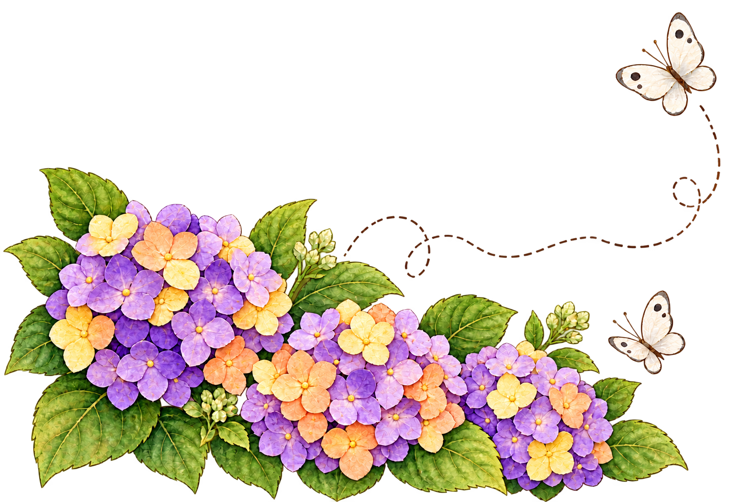 Purple and golden hydrangeas, butterflies and a little garden trail