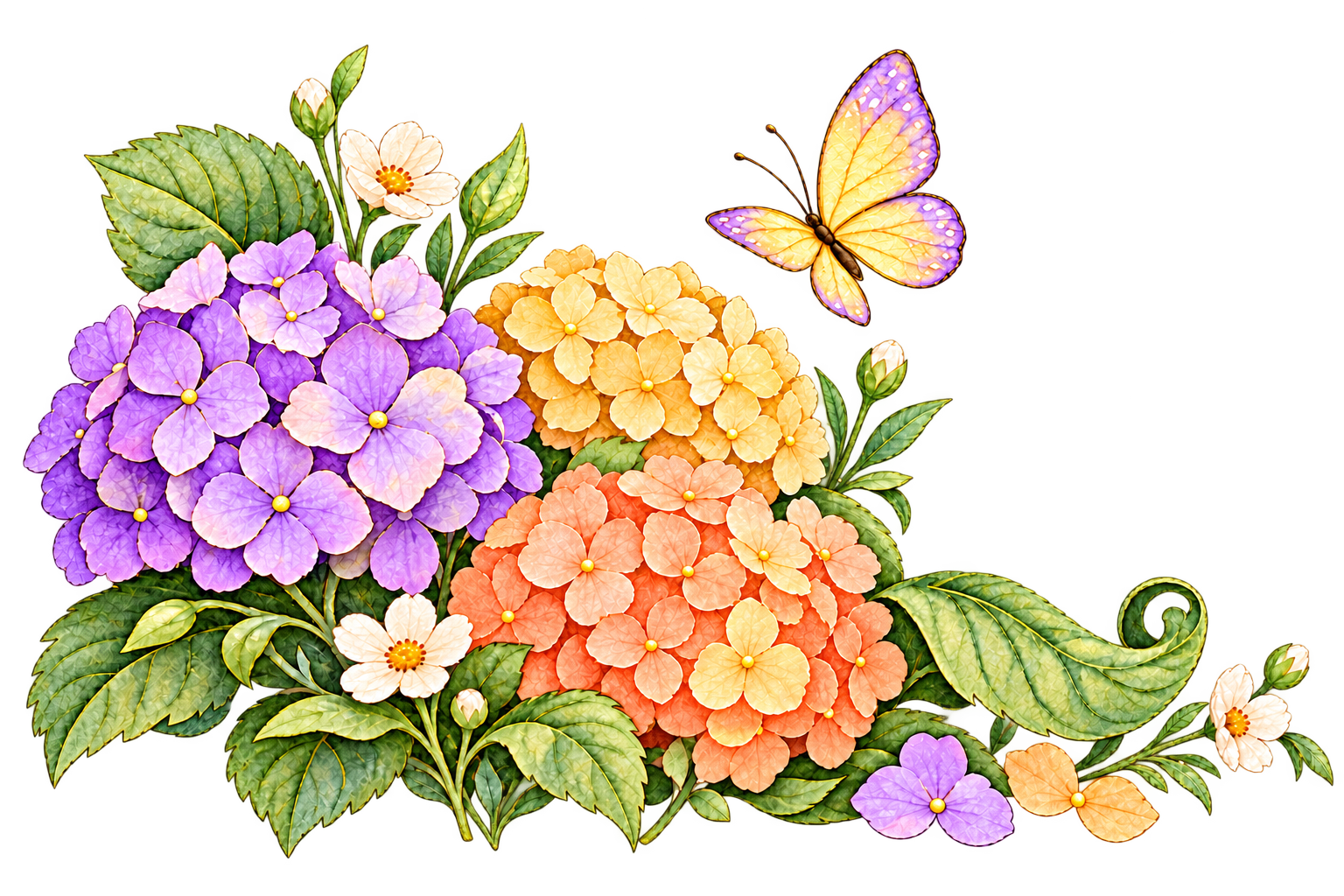 Purple, yellow and orange flowers with a golden butterfly