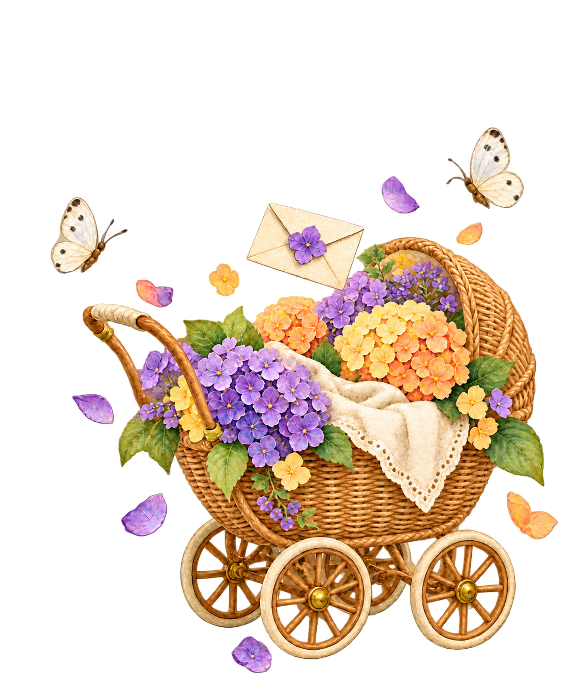 A little invitation above a wicker stroller of lavender and golden flowers